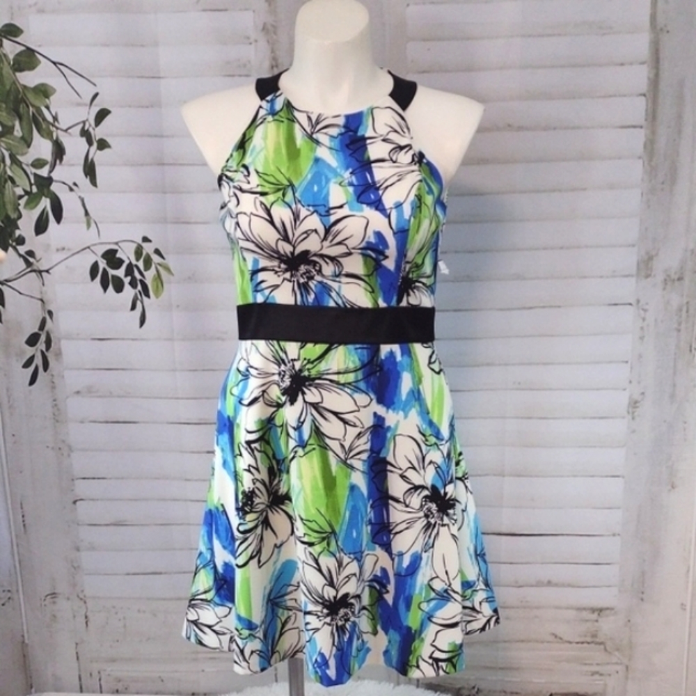 Jessica Howard Floral Halter Dress - Blue and Green Size 14P